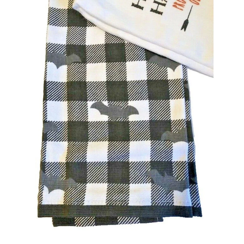 Halloween Kitchen Dish Towels Haunted Farm Truck Pumpkin Buffalo Check Set of 2